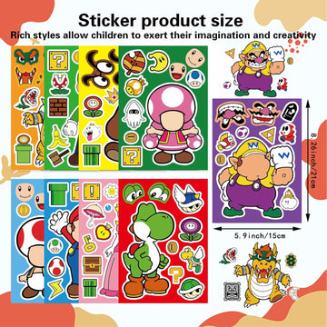 36 Sheets Mario Make a Face Stickers, Cartoon Book Crafts, DIY Party Supplies Favors Your Own Mixed and Matched with Different Designs Characters