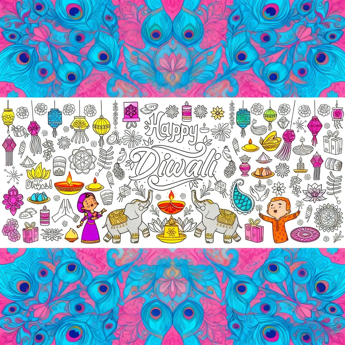 KYMY Diwali Coloring Tablecloths, 2-Pack Deepavali Rangoli Mandala Painting Posters 72 x 35 Inches, Thick Paper DIY Drawing Table Covers for India