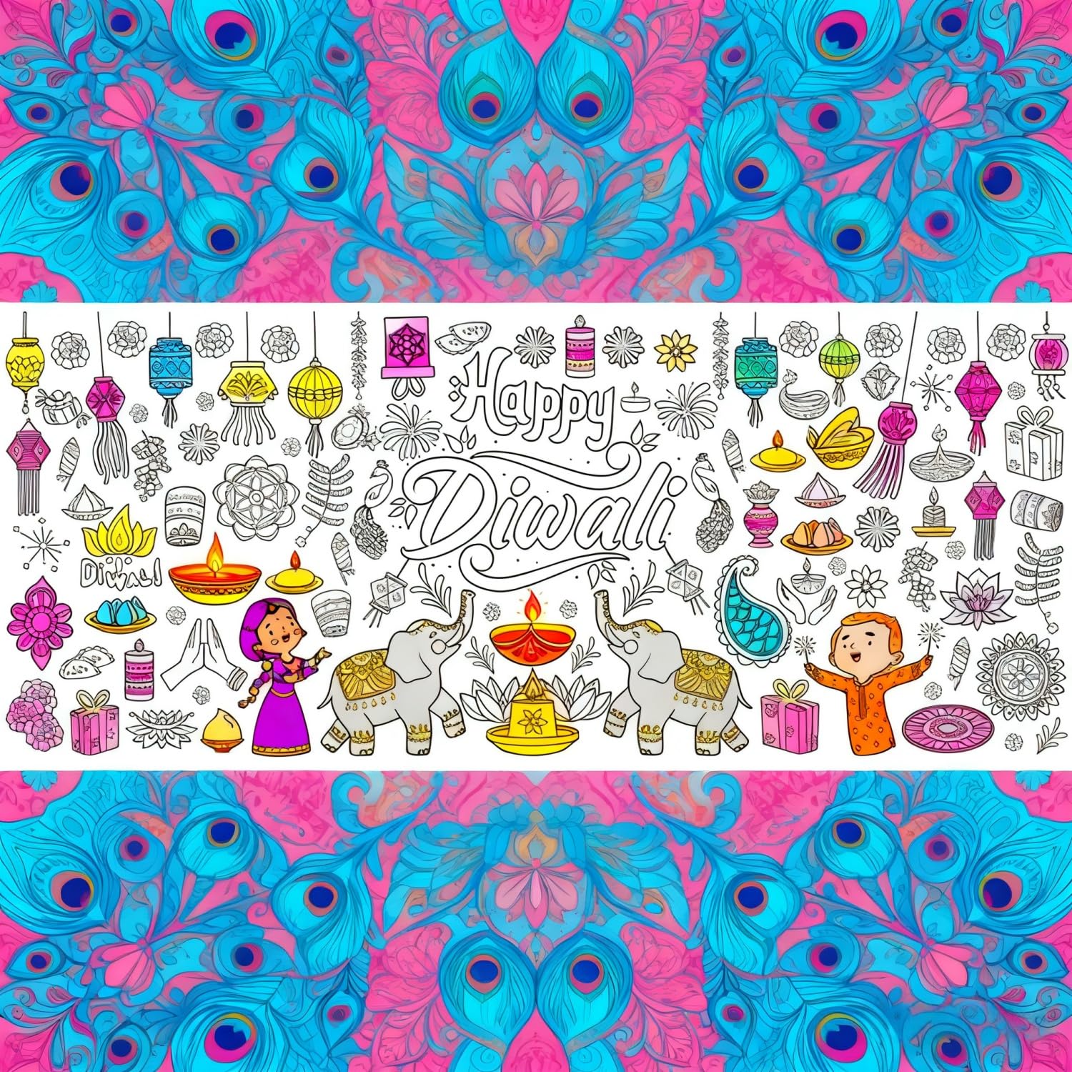 KYMY Diwali Coloring Tablecloths, 2-Pack Deepavali Rangoli Mandala Painting Posters 72 x 35 Inches, Thick Paper DIY Drawing Table Covers for India