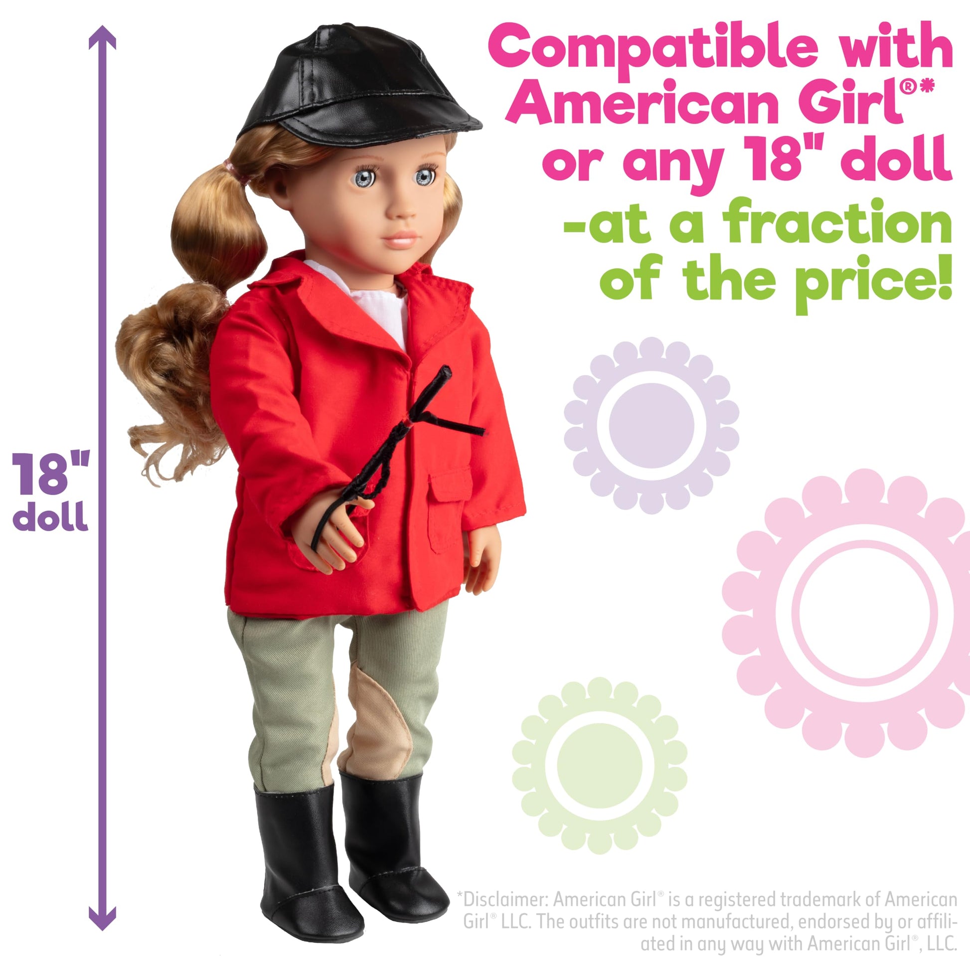 Dress Along Dolly 6pc Horseback Riding Outfit - 18" Doll Clothes & Accessories Compatible w American Girl- Equestrian Set Includes Hat, Shirt, Jacket