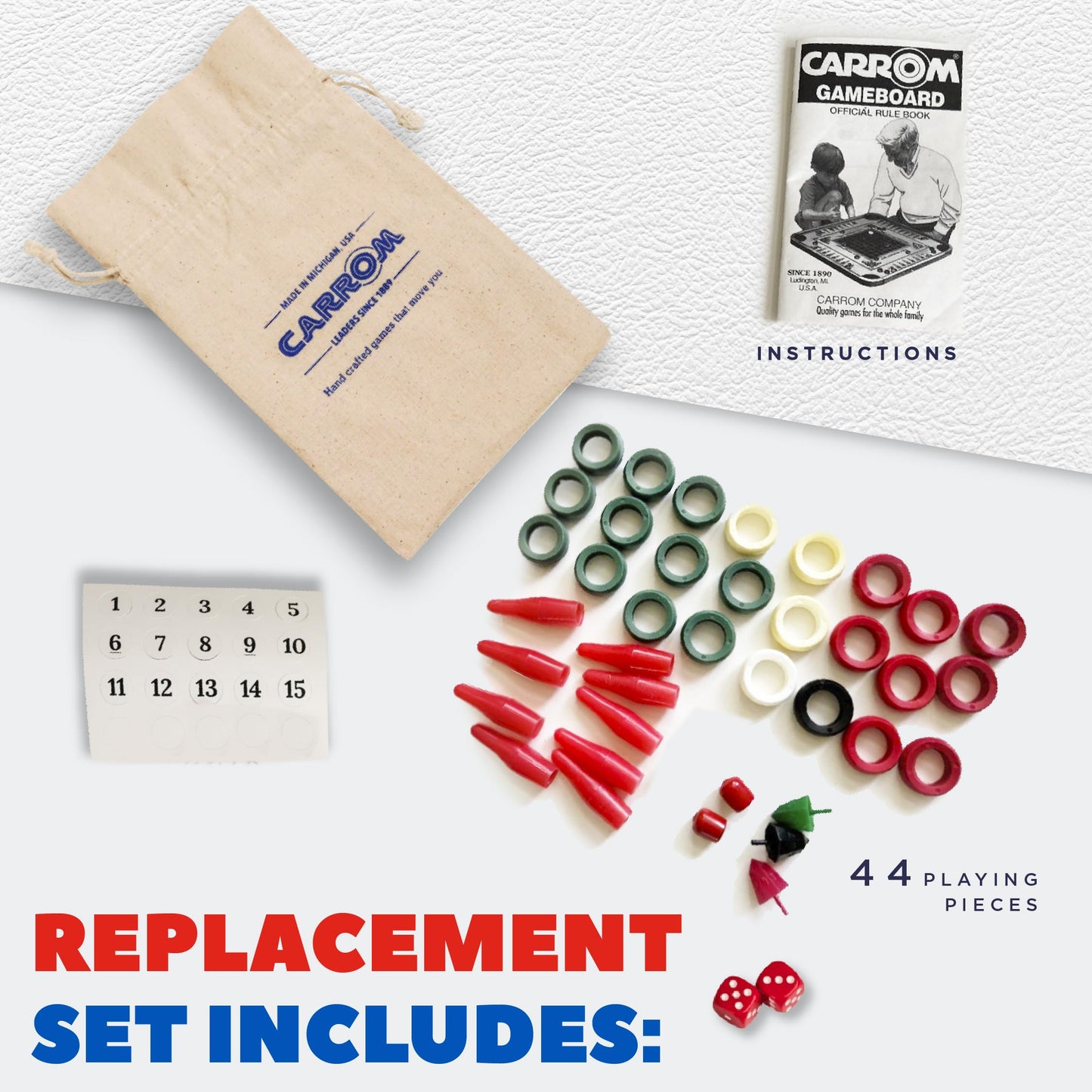Carrom Board Equipment Set - Includes 44 Playing Pieces, Instruction Manual and Carrying Case - Extra Accessories for Board Games for Adults