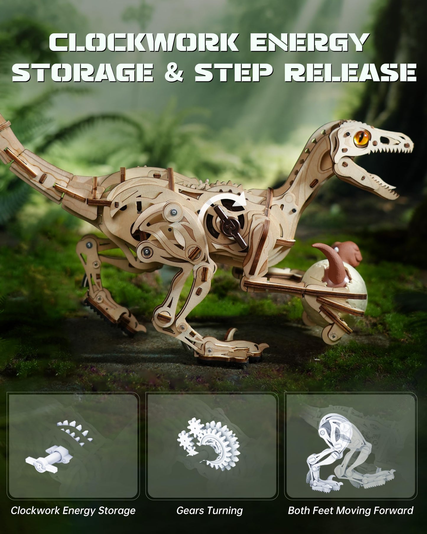 ROBOTIME Dinosaur 3D Wooden Puzzles, Velociraptor Model Kits can Walk, Mechanical Dinosaur STEM Toys, 3-D Puzzles Building Kit Gifts