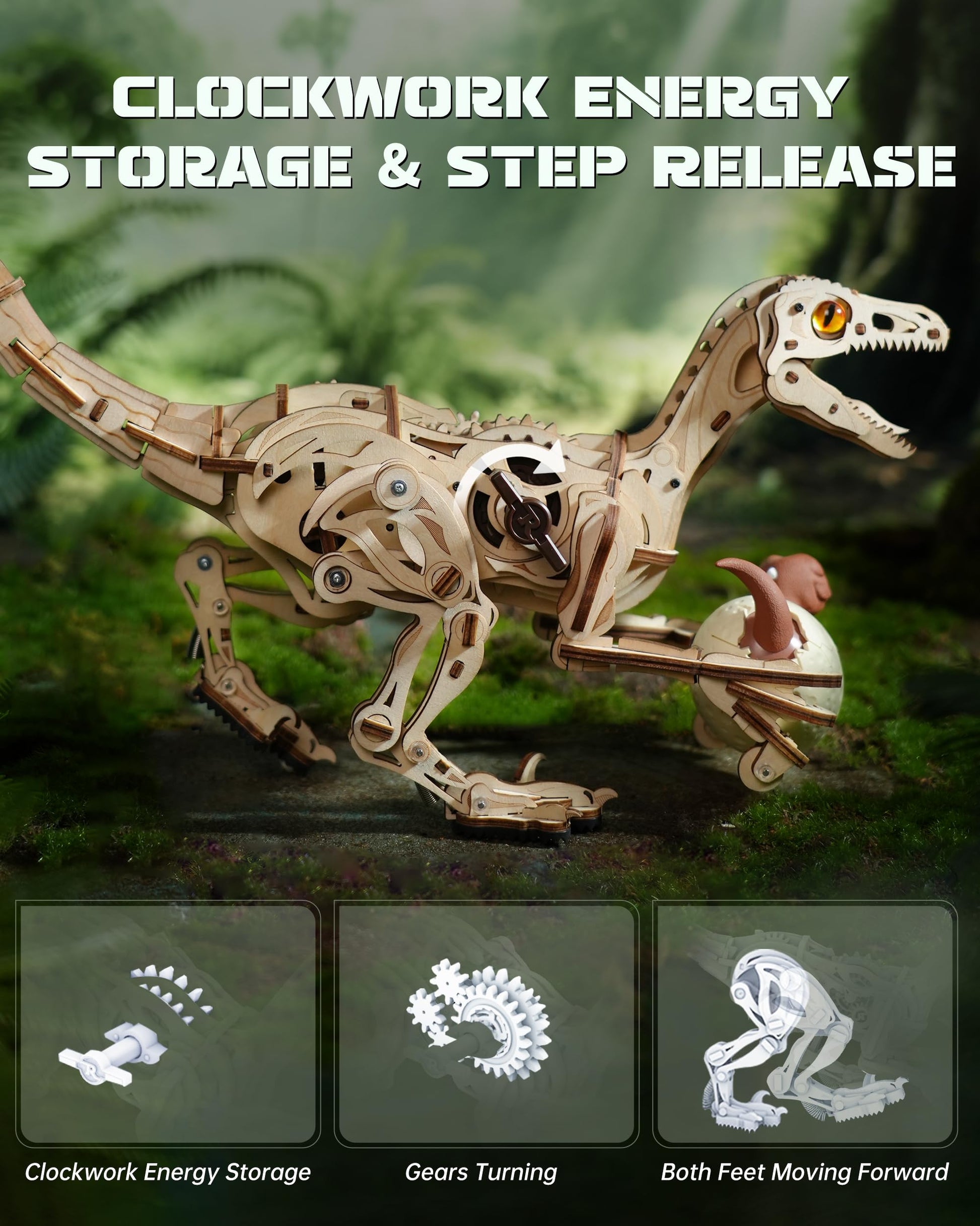 ROBOTIME Dinosaur 3D Wooden Puzzles, Velociraptor Model Kits can Walk, Mechanical Dinosaur STEM Toys, 3-D Puzzles Building Kit Gifts