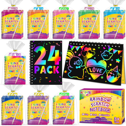Party Favors for Kids 4-8-12: 24 Pack Scratch Rainbow Art Crafts Notebook, Coloring Book Goodie Bags Stuffers Kit, Bulk Birthday Gift Classroom Prizes