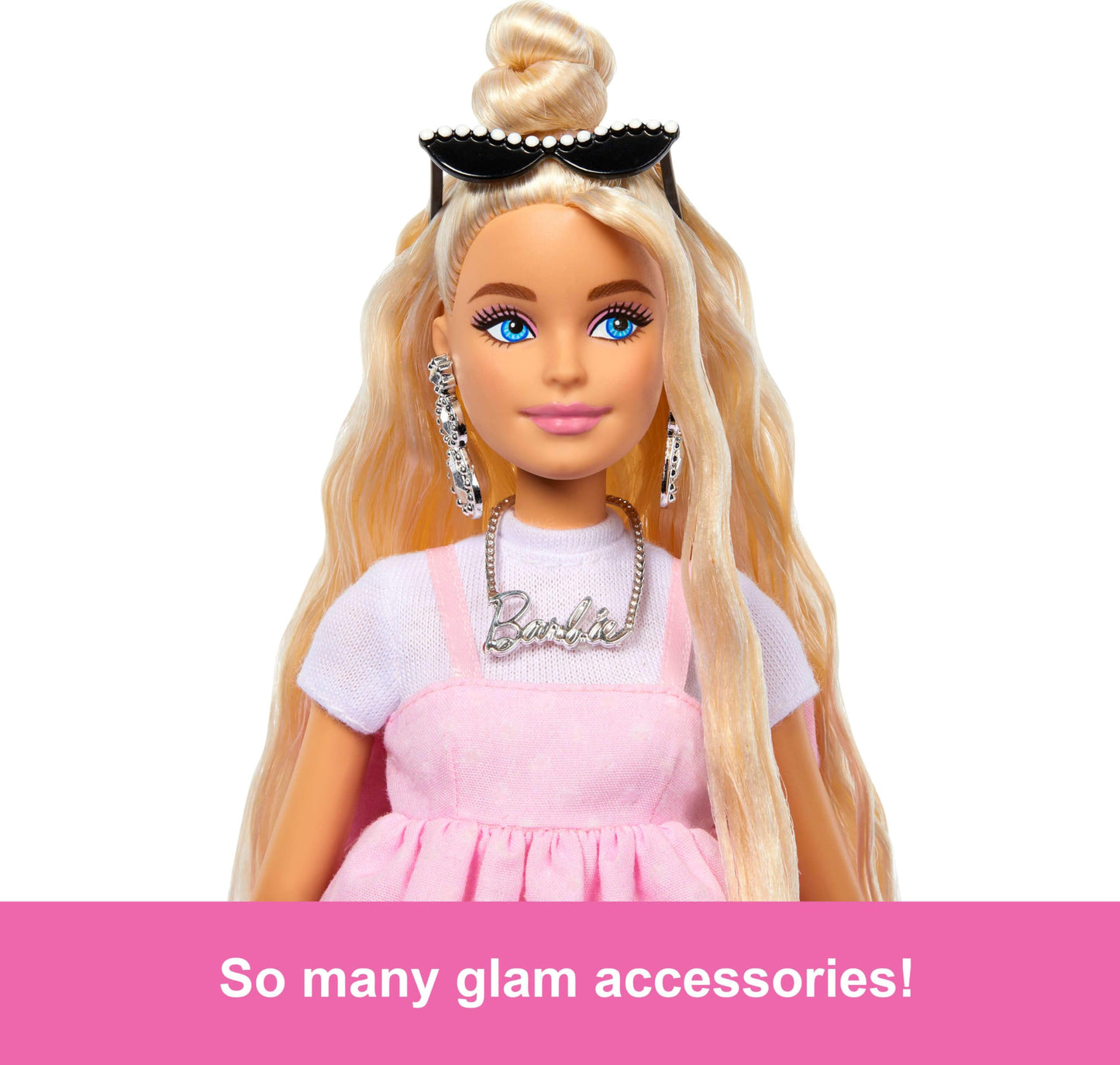Barbie Deluxe Style Doll #3 in Barbiecore Outfit, Blond Hair in Top Knot, Pink Pastel Dress with Oversized Bow and Accessories Like Mesh Tights