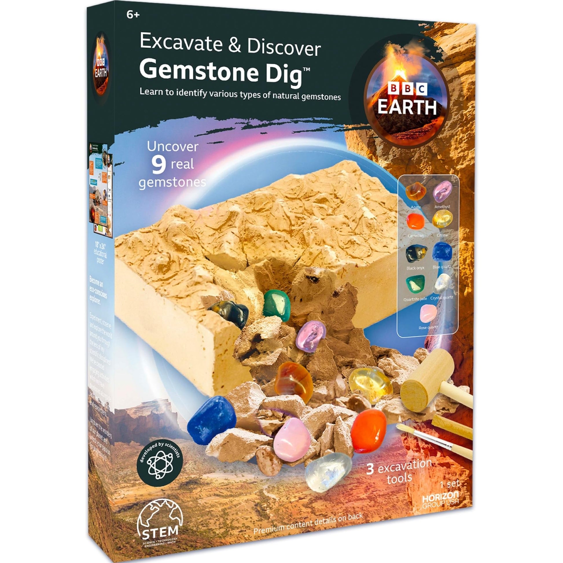 BBC Earth Excavate & Discover Gemstone Dig, Dig Up 9 Real Gemstones & Make Keychains, Rock Digging Excavation Kit, STEM Learning Kit, Kids Science
