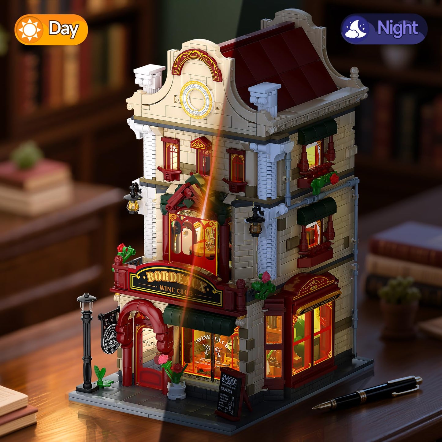 Bordeaux Wine Club Construction Building Set with LED Lights, City Town Winery Chateau House Building Kit, Vintage Collectible Model, Creative