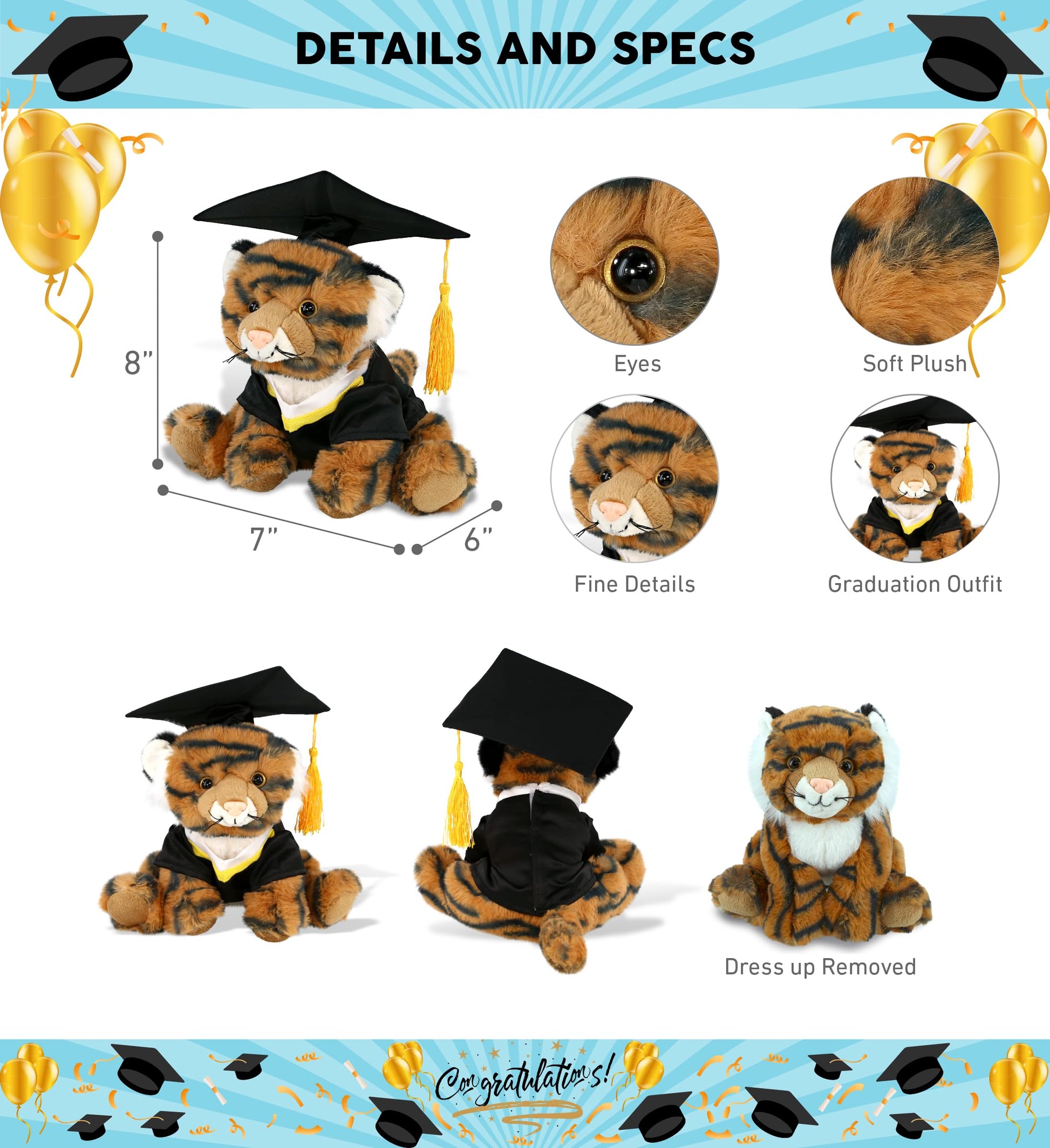 DolliBu Squat Tiger Graduation Plush Toy - Soft Tiger Plush Graduation Stuffed Animal Dress Up with Gown and Cap with Tassel Outfit - Gift