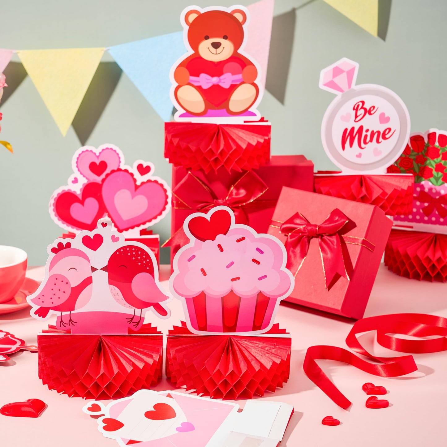 JOYIN 12 Pcs Valentine's Day Honeycomb Centerpieces, Table Decorations with Red Pink Heart Bear , Centerpieces Decor for Kids Birthday Valentine's Day