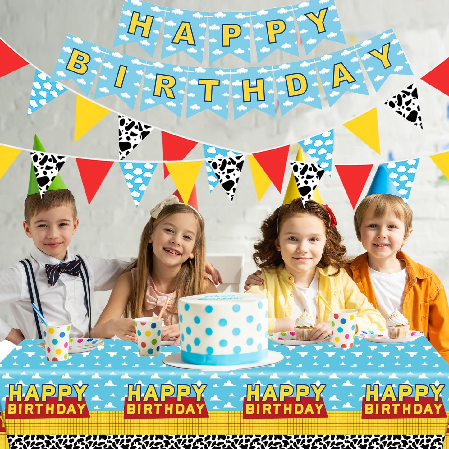 Cartoon Story Party Decorations Happy Birthday Banner Tablecloth