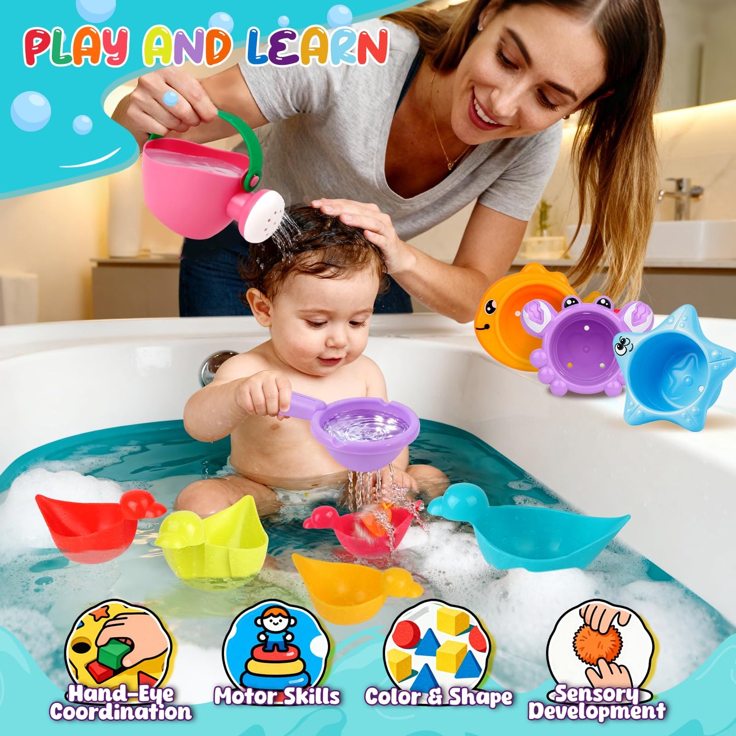 10 Pcs Bath Toys for Kids Ages 1-3, Bathtub & Pool Water Toys for Toddlers 1-3 & Babies 12-18 Months, Water Table Accessories with Floating Ducks
