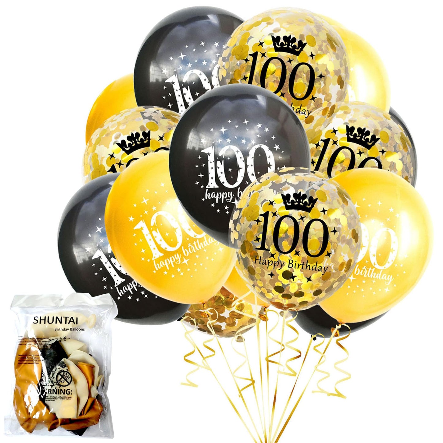 SHUNTAI 100th Birthday Balloons Gold and Black 12 inch 15 Pieces