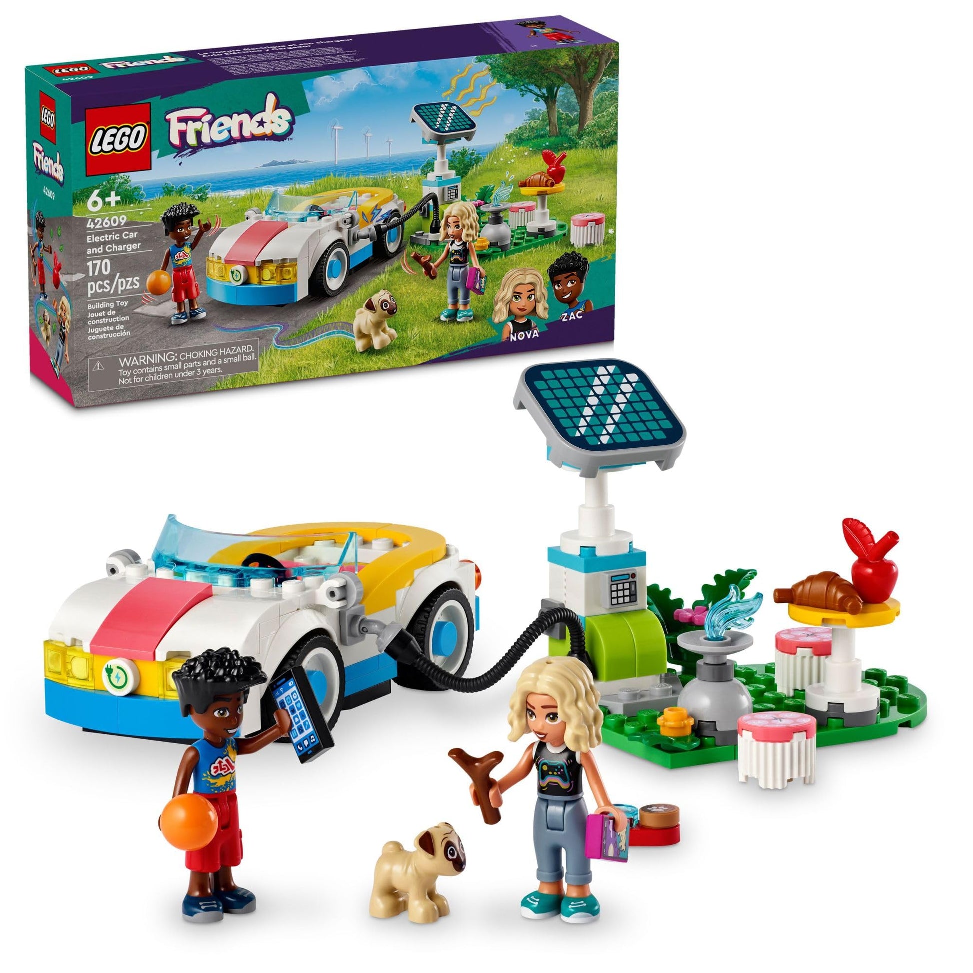 LEGO Friends Electric Car and Charger Building Toy for Kids, Role Play Toy, Adventure Toy, Includes Mini-Doll Characters Nova and Zac, Gift Idea