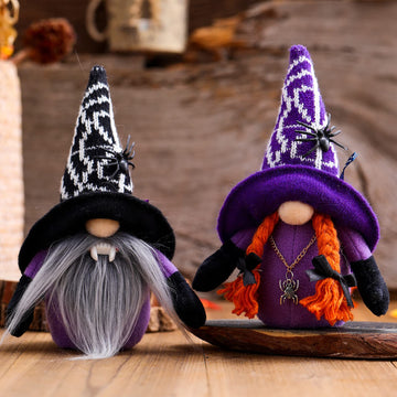 Halloween Gnome 2Pcs Handmade Plush Witch Vampire Dolls with Black Witch Cloak Hat Pumpkin Spider Tomte Elf Ornaments Decoration Set Gifts