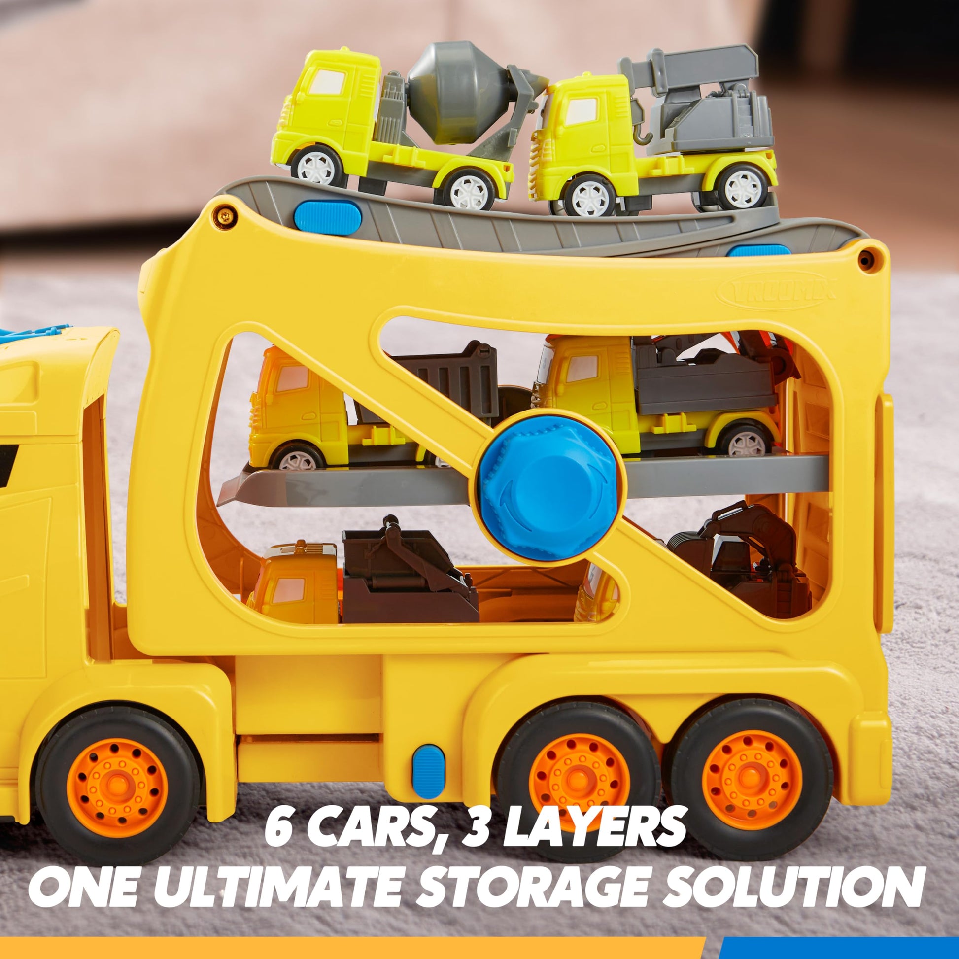 Vroomix JOVA Extra Large Toy Trucks for Toddlers, 3-Layer Construction Trucks for Boys, 7-in-1 Big Carrier Truck with Siren & Lights and 6 Toy Cars