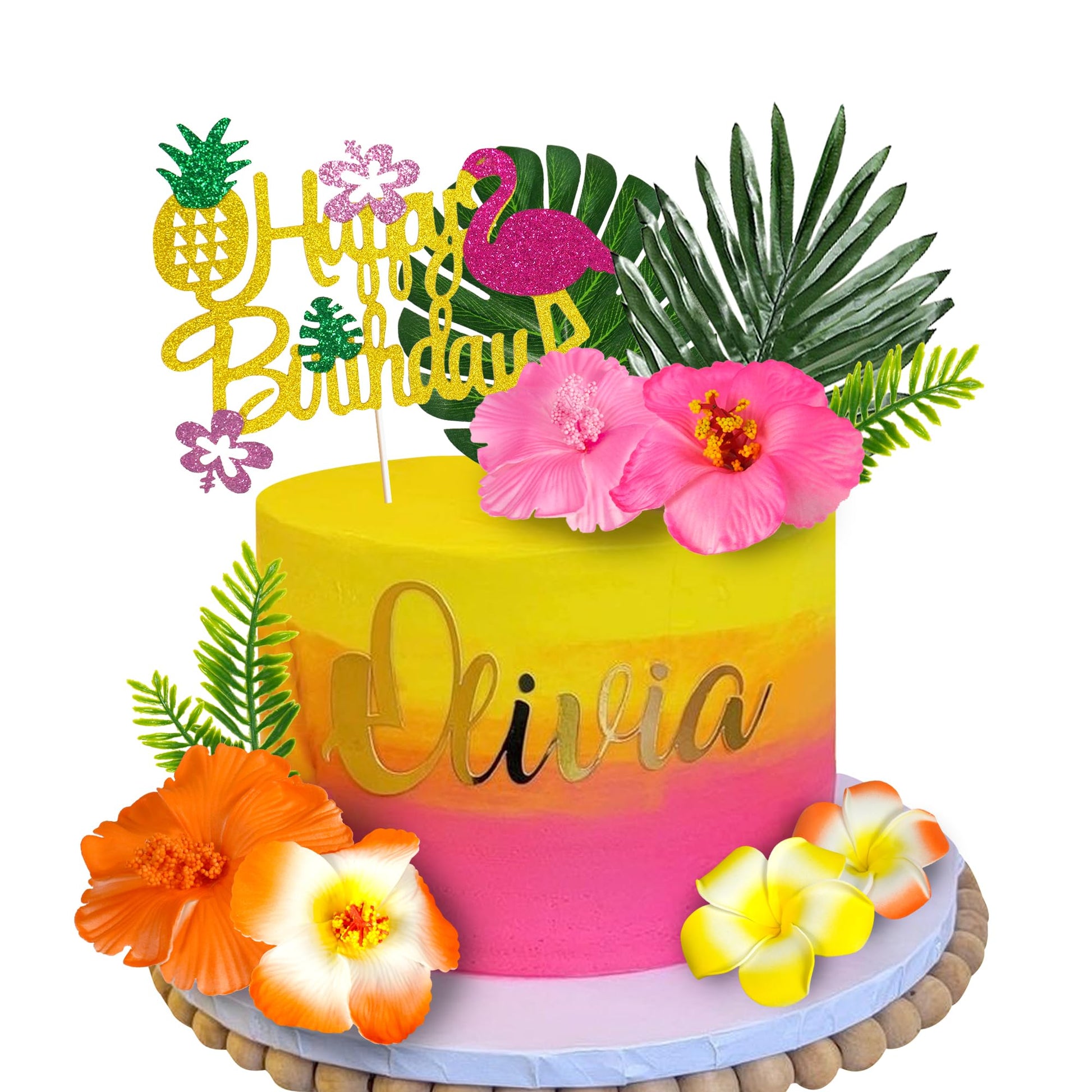 13 PCS Hawaiian Flower Cake Toppers Summer Cake Decoration with Palm Leaves and Hibiscus Flower for Hawaiian Aloha Flamingo Themed Birthday Supplies