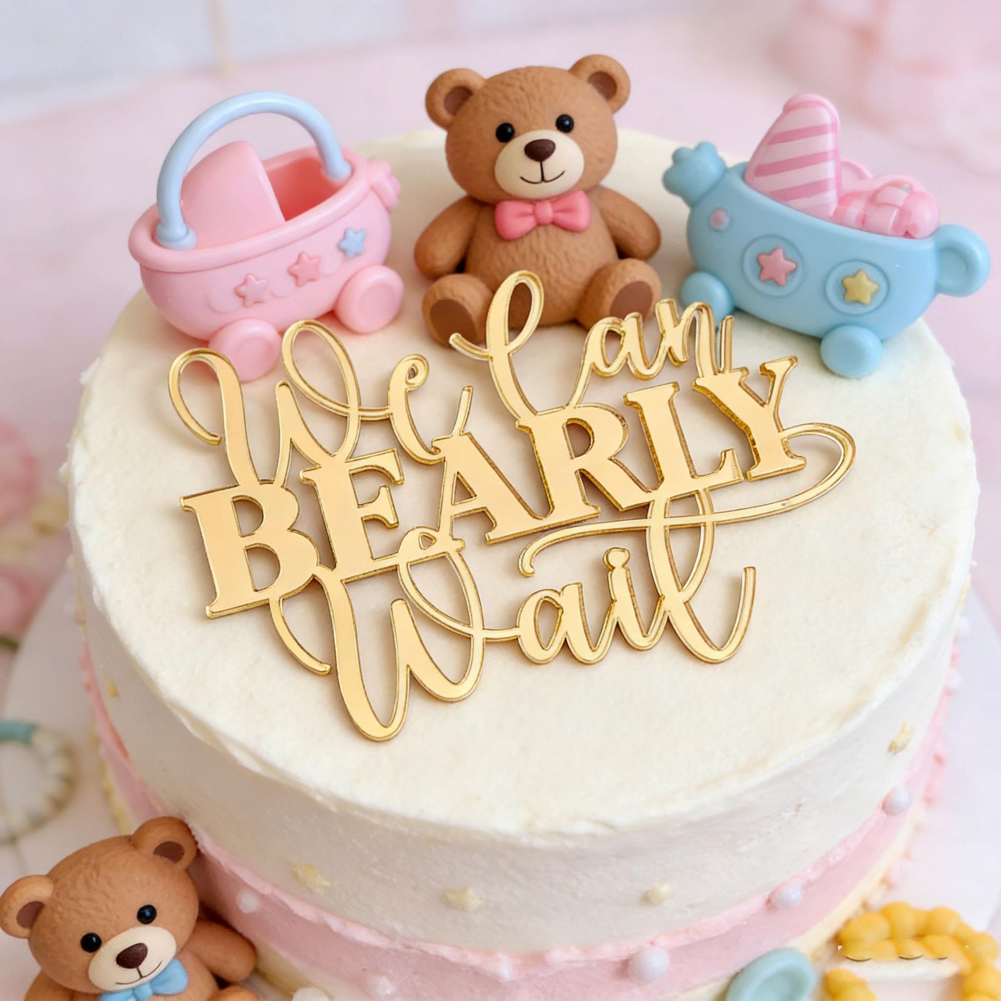 "We Can Bearly Wait" Baby Shower Cake Topper, Gold Acrylic Bear Theme Party Cake Topper, Welcome Baby,Pregnancy Announcement,Baby to Be for Baby