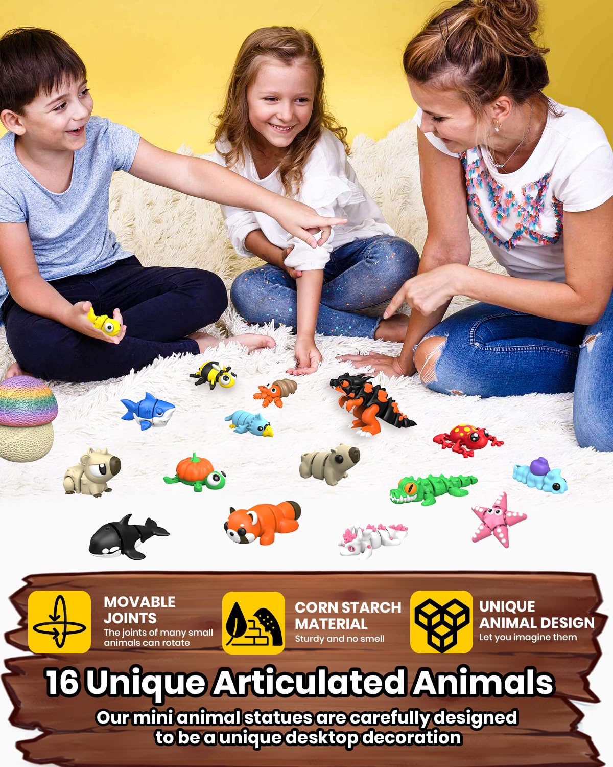 17PCS 3D Printed Animal Figurines Set with Mushroom Container - 16 Unique Articulated Animals, Fidget Toys for Stress Relief, Party Favors, Desk Decor