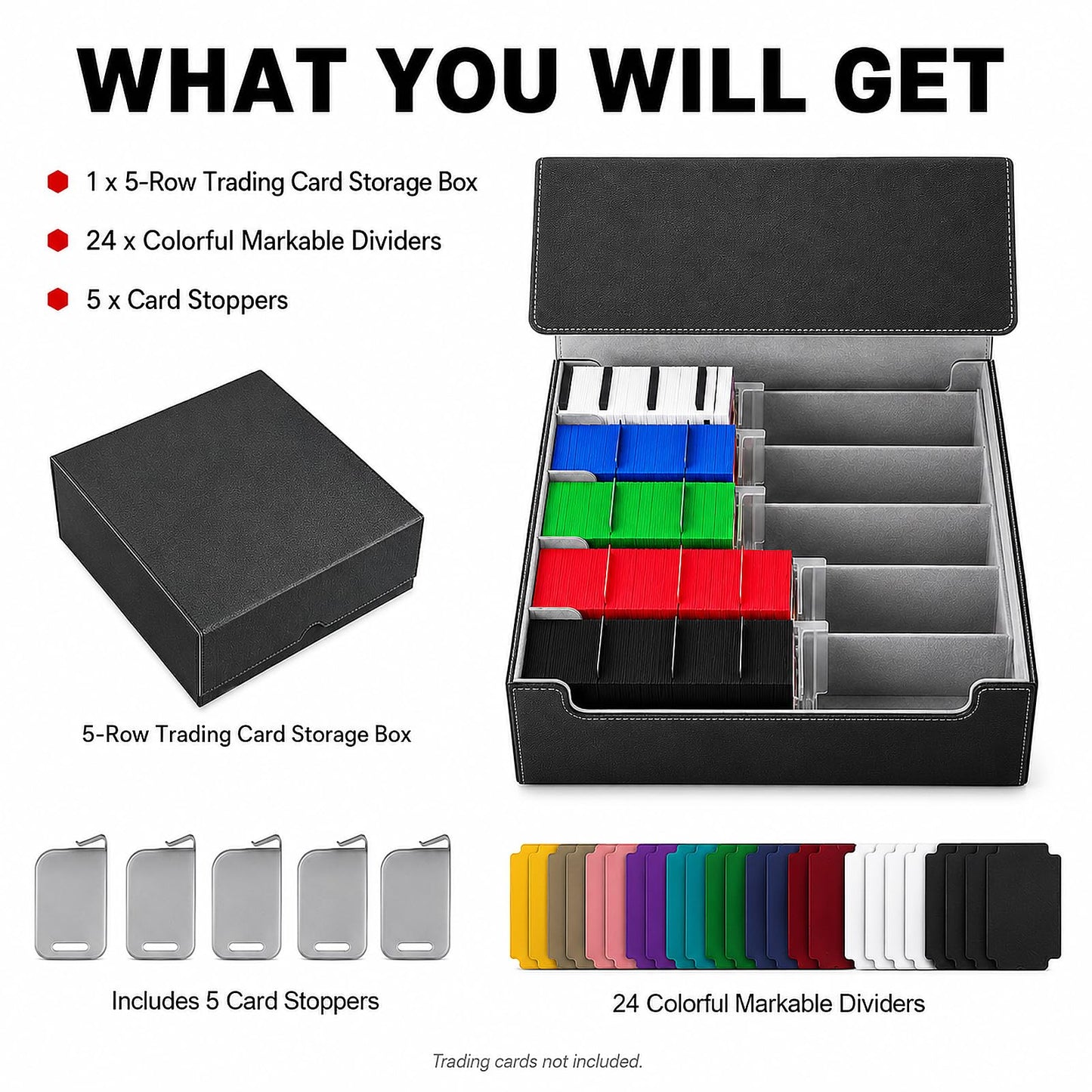 ArtBoutiq 5-Row Trading Card Storage Box, Large Capacity TCG Card Organizer with 24 Colorful Dividers & 5 Card Stoppers, PU Leather Card Storage Case