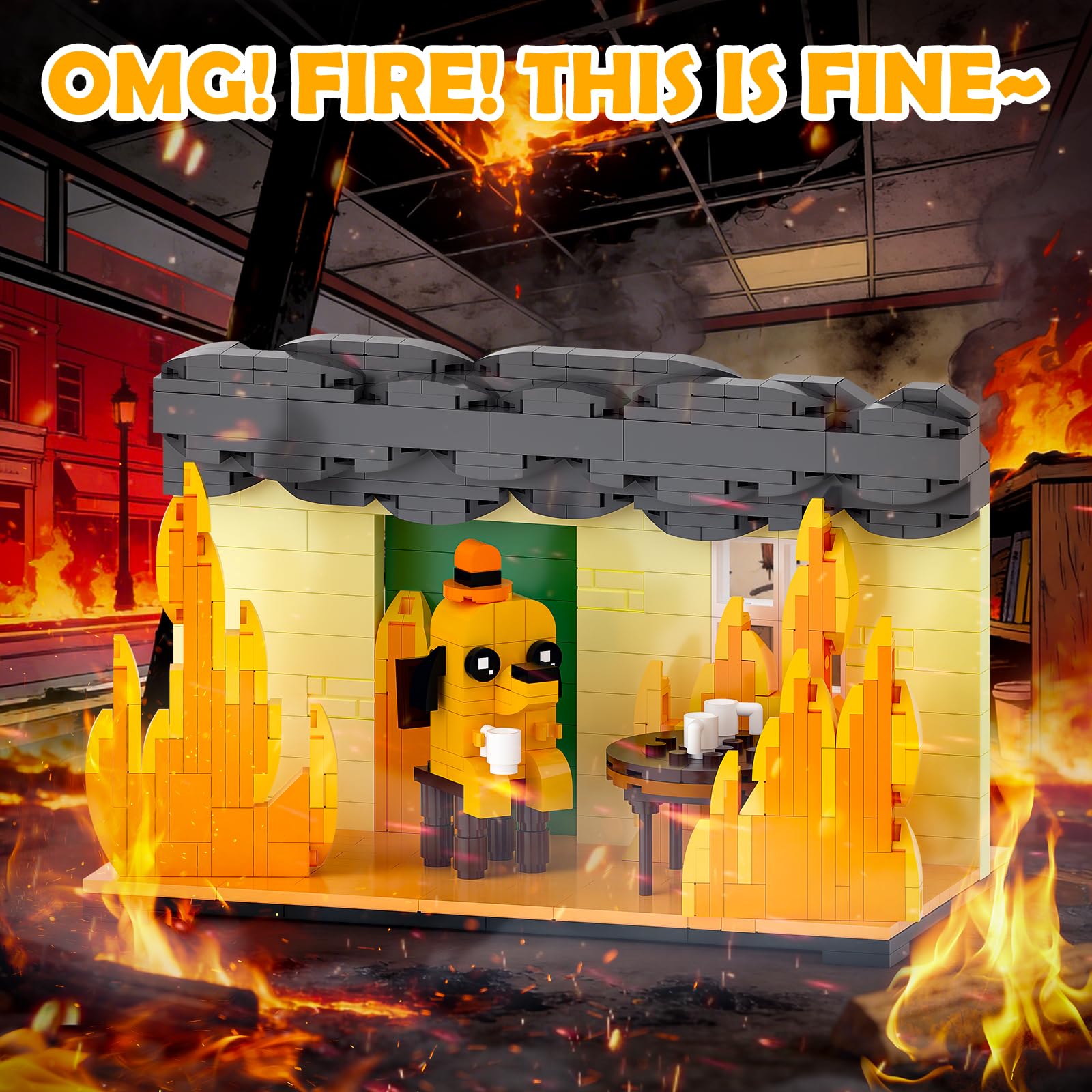 This is Fine Dog Building Blocks, Funny Meme Coffee Dog Action Figure Toys, Cartoon Puppy Desktop Animal Model, Comics Character Toys Birthday