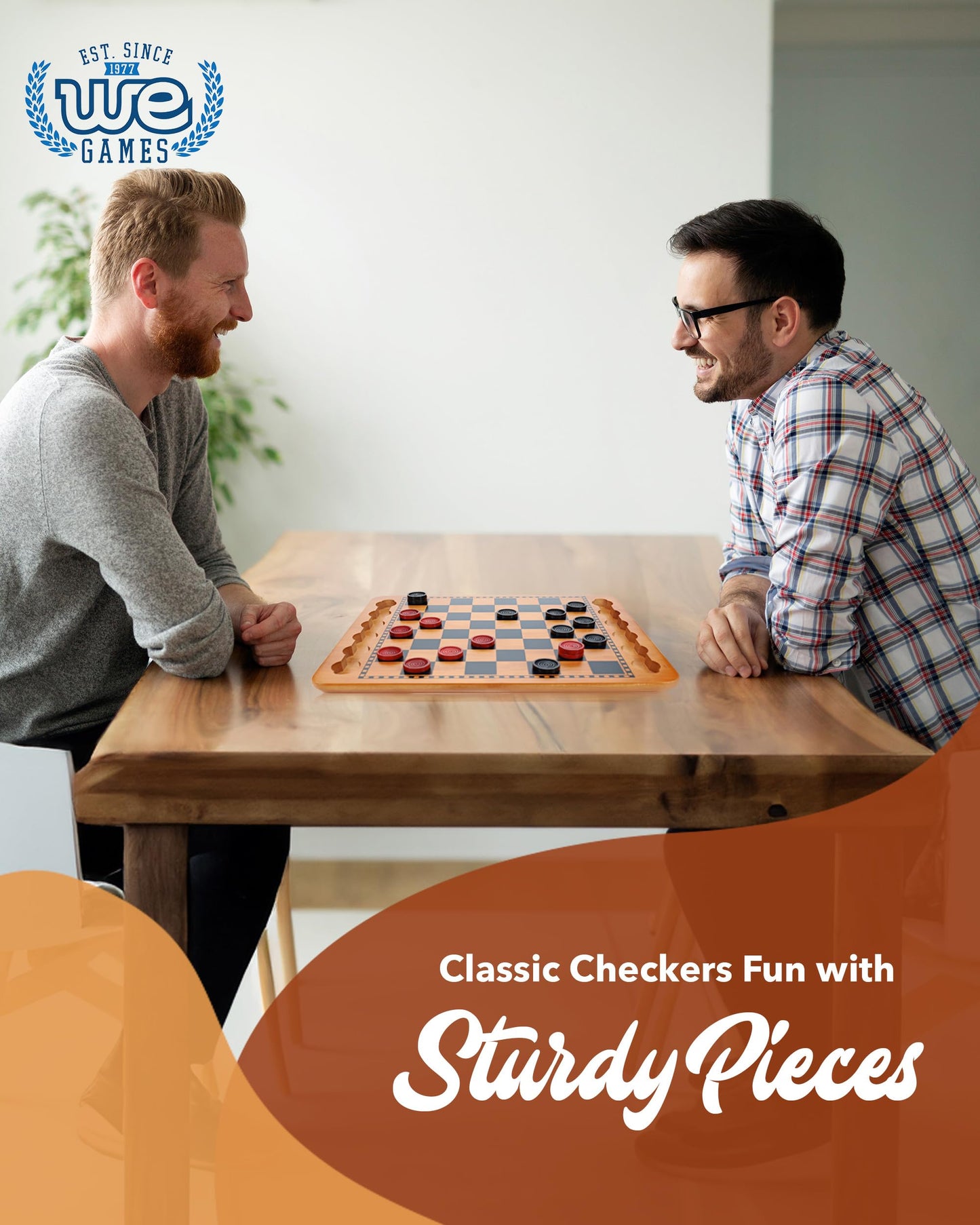 WE Games Solid Wood Checkers Board Game - 14.5-Inch Vintage Checkers Set with Inset Grooves & 24 Red & Black Board Game Pieces - Fun Family Table Game