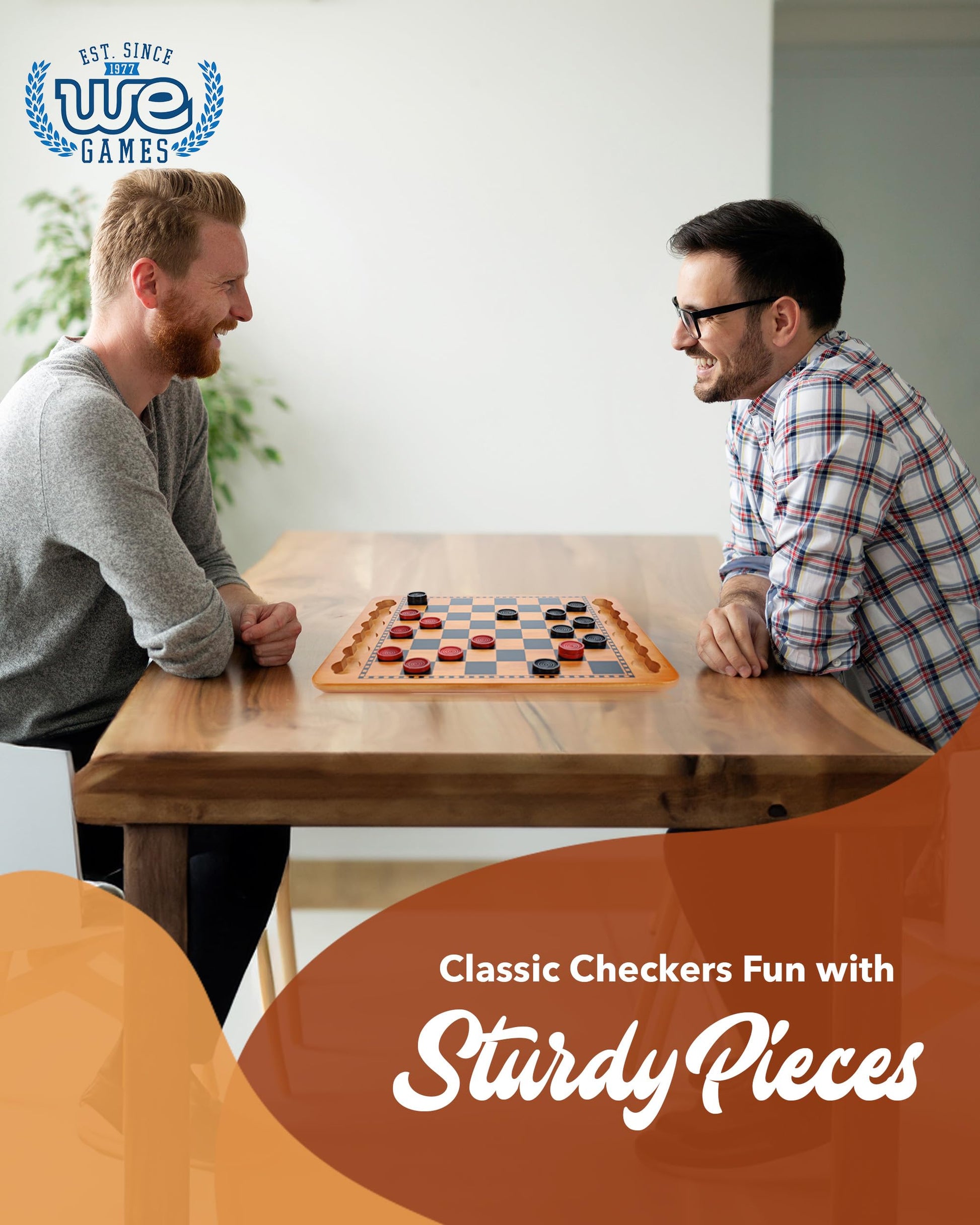 WE Games Solid Wood Checkers Board Game - 14.5-Inch Vintage Checkers Set with Inset Grooves & 24 Red & Black Board Game Pieces - Fun Family Table Game