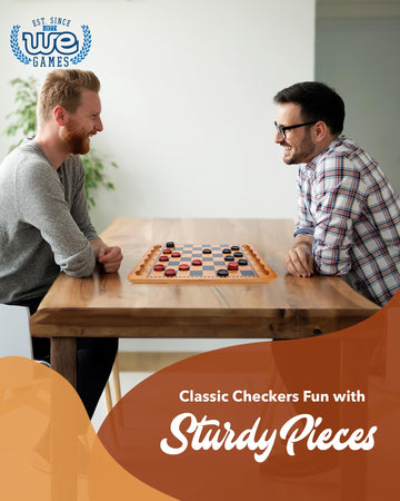 WE Games Solid Wood Checkers Board Game - 14.5-Inch Vintage Checkers Set with Inset Grooves & 24 Red & Black Board Game Pieces - Fun Family Table Game