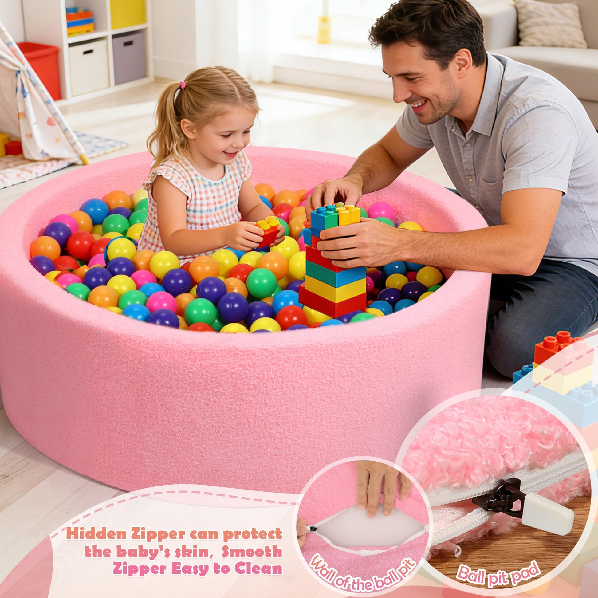 Imitation Teddy Foam Ball Pits 35.4"x 11.8" Soft Round Playpen for Toddlers and Pets with Soft Memory Sponge for Babies Indoor and Outdoor Game Pink