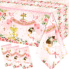 Gupesxu First Communion Decorations-3pcs Pink Mi Primera Comunion Tablecloth Baptism Table Covers for Girl Newborn Baby Shower Table Cloth for First