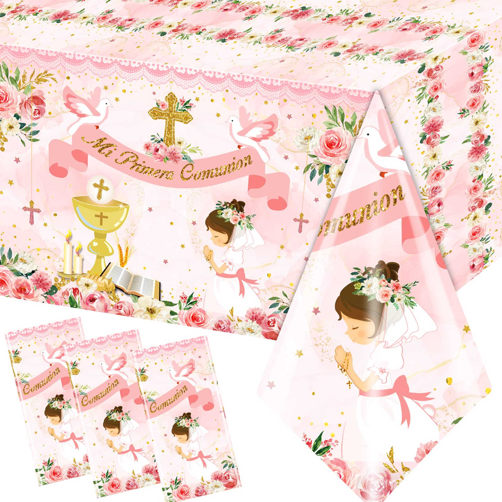 Gupesxu First Communion Decorations-3pcs Pink Mi Primera Comunion Tablecloth Baptism Table Covers for Girl Newborn Baby Shower Table Cloth for First