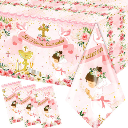 Gupesxu First Communion Decorations-3pcs Pink Mi Primera Comunion Tablecloth Baptism Table Covers for Girl Newborn Baby Shower Table Cloth for First