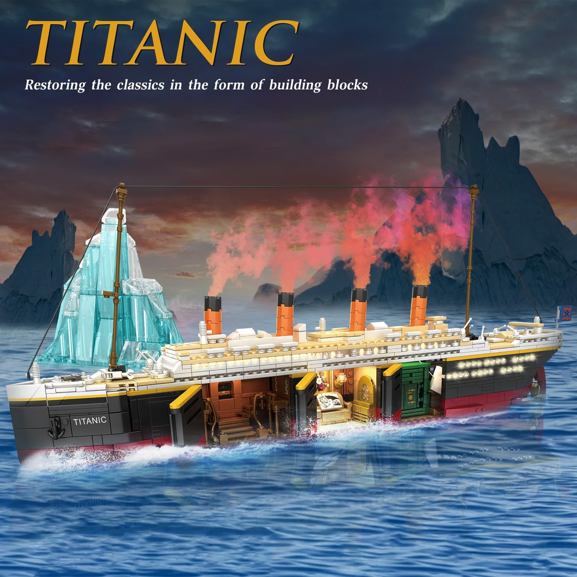 Zylvoxia Titanic Building Set, 2288 Pcs Titanic Big Ship Model Block Set with Glacier and Glowing Light Strip, Giant Ship Building Model Set