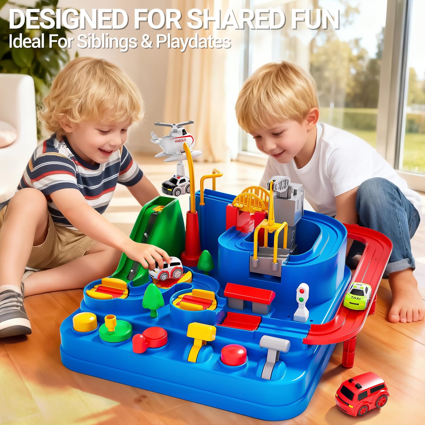 Siwuoke Toys for 3 Year Old Boys, Large City Adventure Car Race Track for Toddlers, STEM Montessori Playset with 4 Cars & Helicopter, Educational