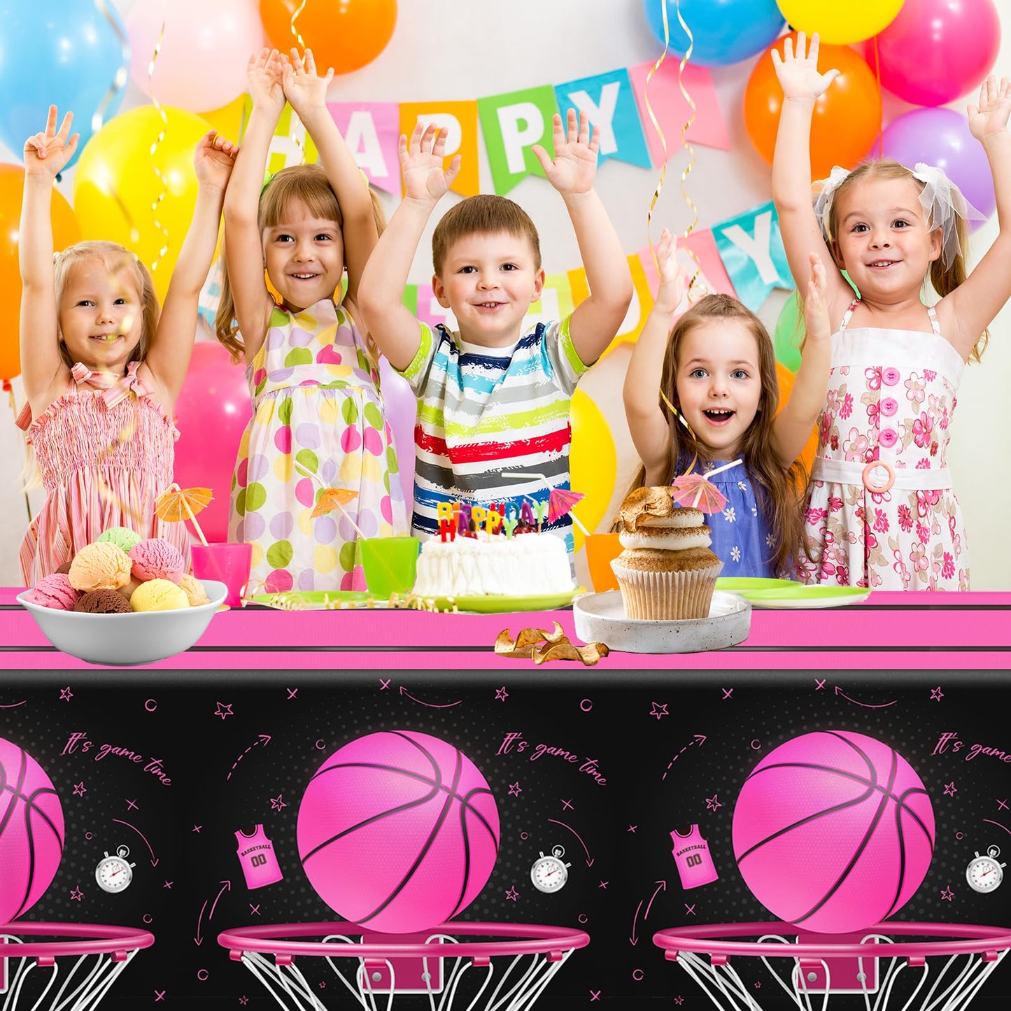 CMUSKO Basketball Tablecloth, 3Pcs Pink Basketball Birthday Decorations Plastic Table Cover, Pink Basketball Girls Table Cloths for Basketball Sports