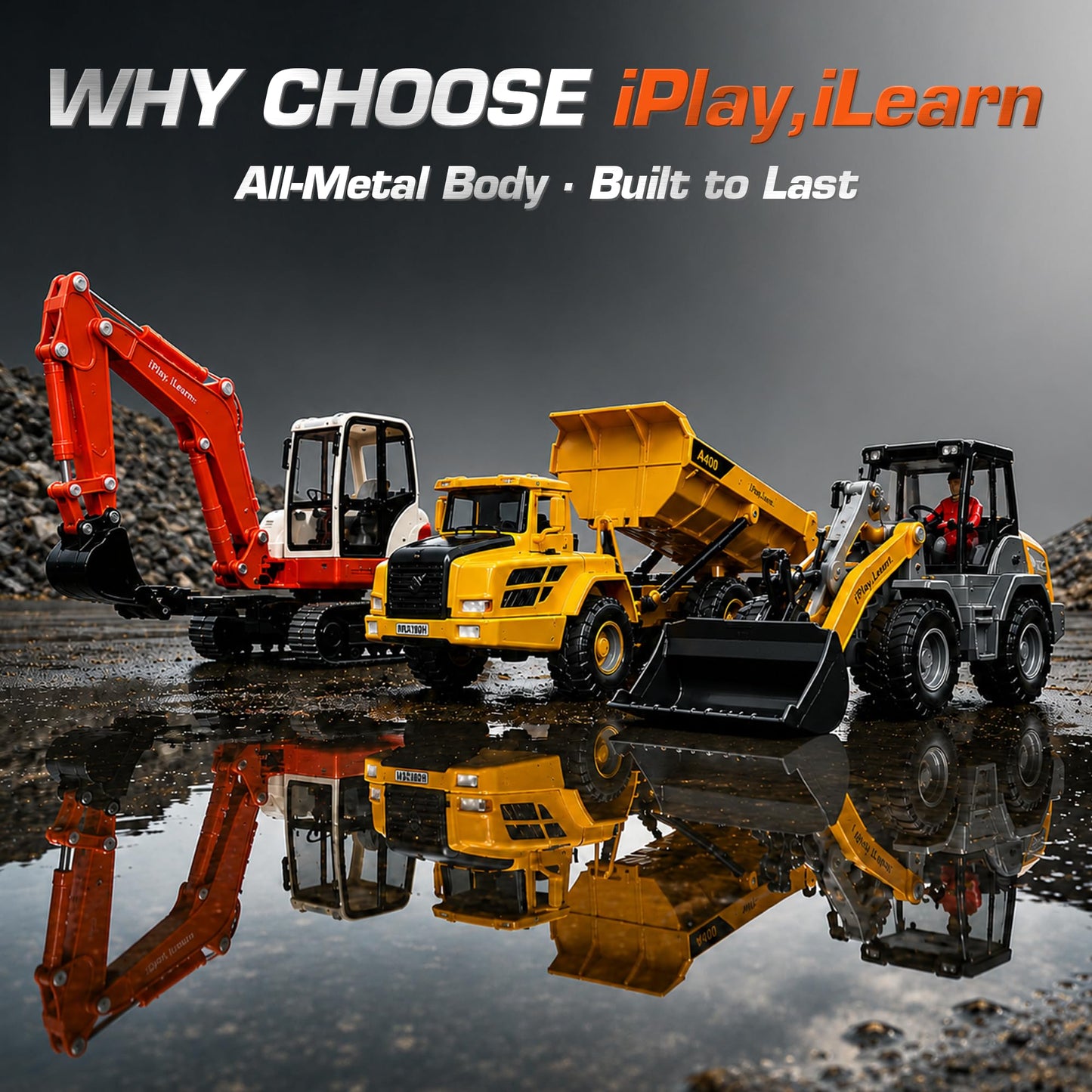 iPlay, iLearn Heavy Duty Construction Site Playset, Metal Dump Truck, Excavator Digger Backhoe, Tractor Bulldozer Diecast Vehicle, Outdoor Sandbox Car