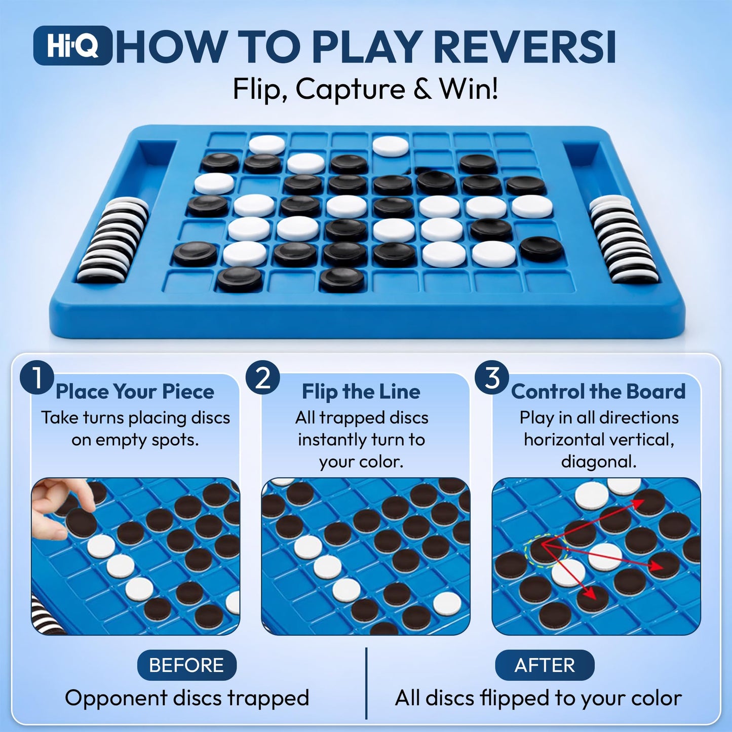 Reversi Board Game for Kids & Adults 14x10x2 Inches - Othello Classic Board Game - with 64 Reversible Discs & Built-in Storage - Strategy Board Game