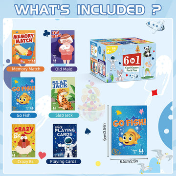 Card Games,6 Decks,Go Fish,Old Maid,Crazy 8s,Memory Match,Slap Jack,Space Playing Cards,Fun Game Cards for Kids Toddlers and Adults,Family Party Table