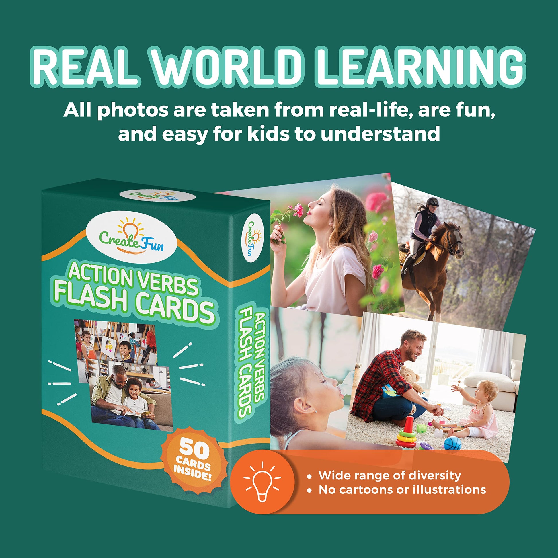 CreateFun 50 Action Verbs Flash Cards for Speech Therapy & ESL Vocabulary
