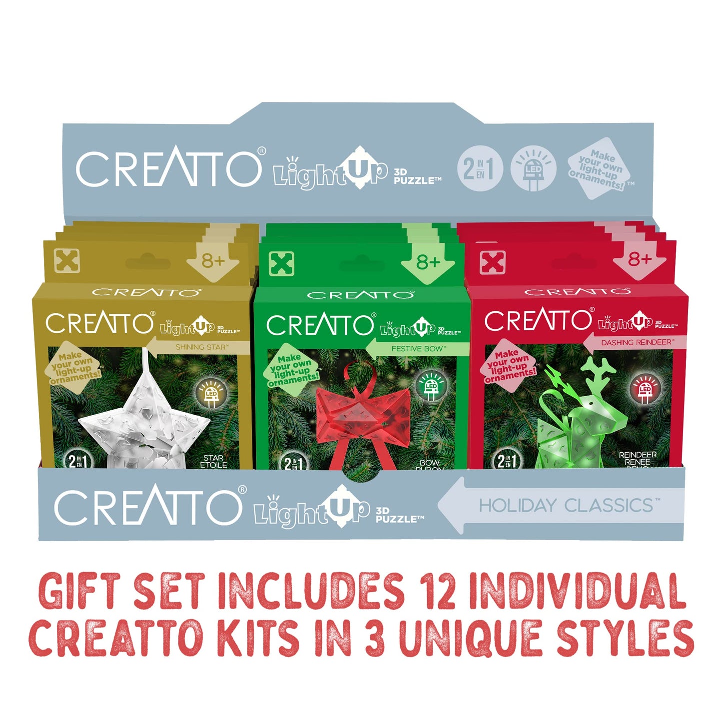 Creatto Holiday Classics - Dashing Reindeer, Shining Star, Festive Bow Light-Up 3D Puzzle Kits | 12-piece Gift Set | Party Favors, Stocking Stuffers