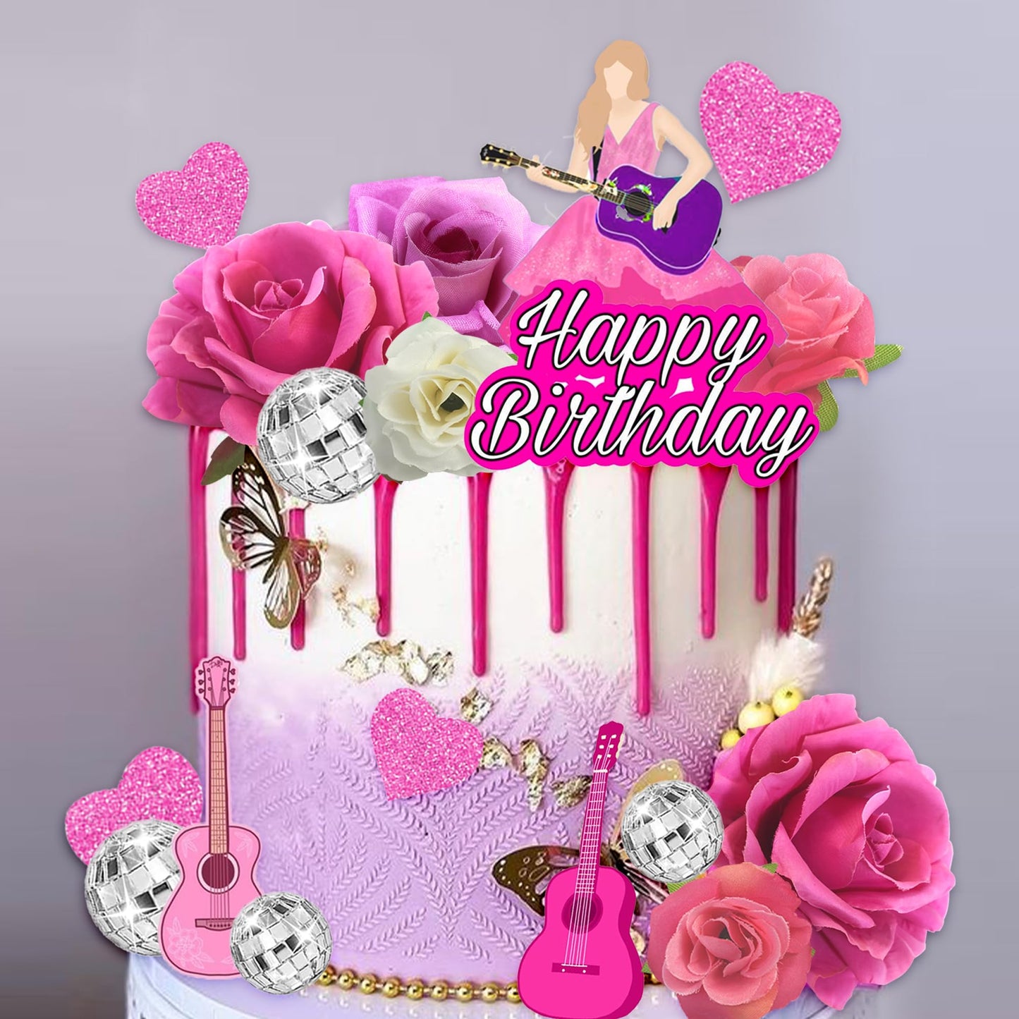 18 PCS Music Cake Toppers Pink Birthday Cake Topper and Guitar Flower Cake Topper for Music Birthday Decorations Supplies