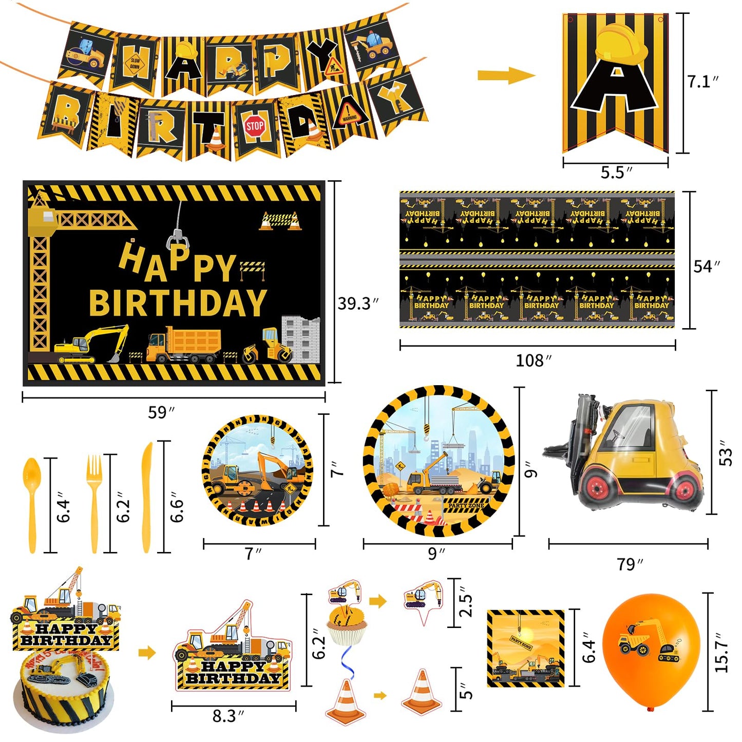 Construction Birthday Party Decorations Kit, Theme Style Party Supplies Include Birthday Banner, Backdrop, Tableware Set, Tablecloth, Hanging Swirls