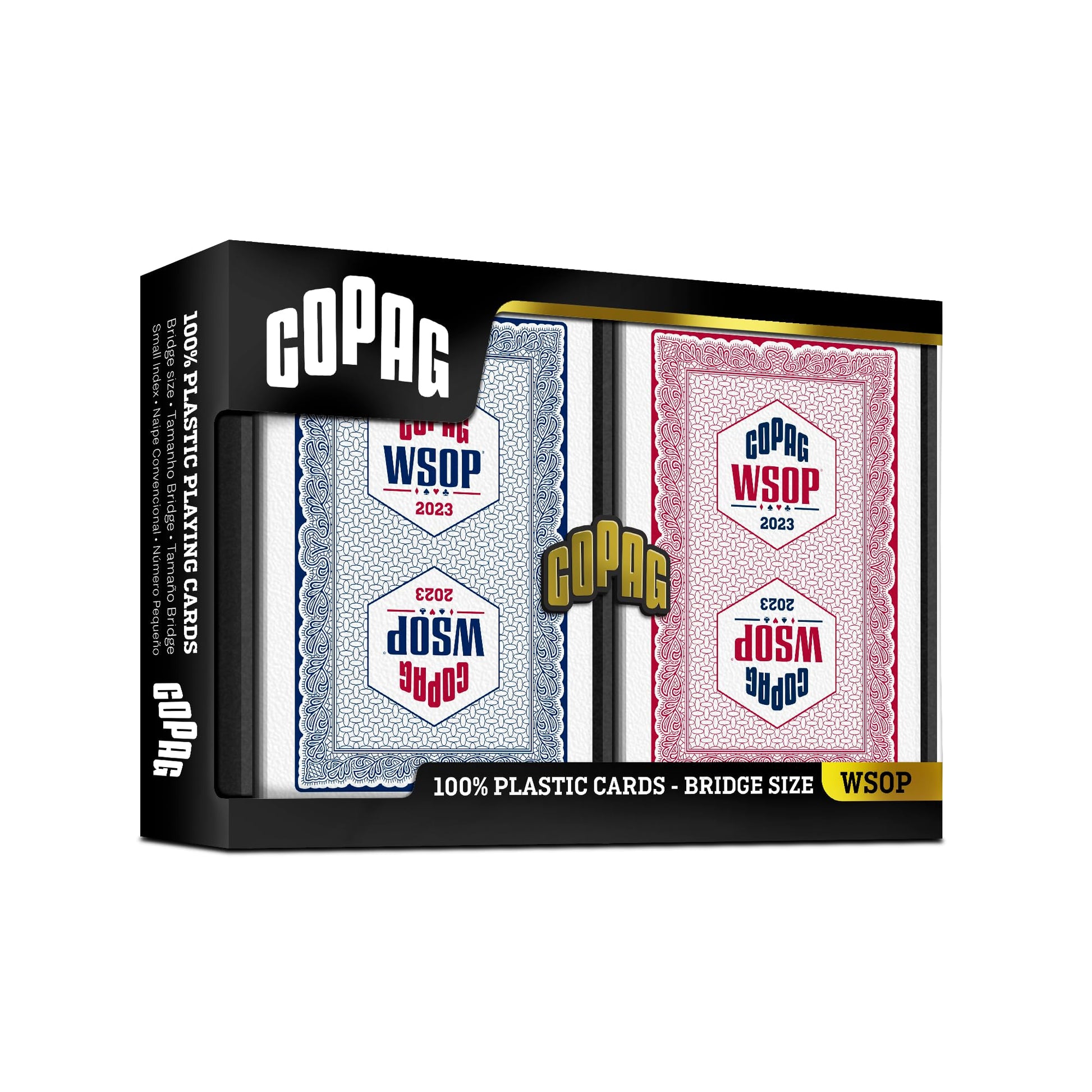 Copag 2023 WSOP World Series of Poker 100% Plastic Playing Cards, Bridge Size (Narrow) Red/Blue Double Deck Set (Regular Index)