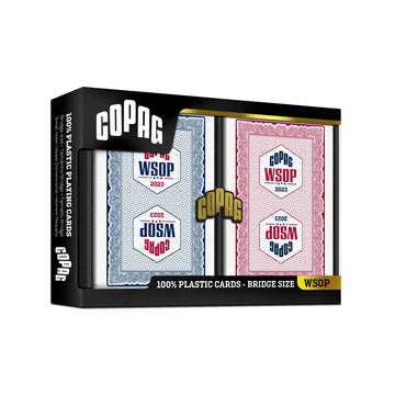 Copag 2023 WSOP World Series of Poker 100% Plastic Playing Cards, Bridge Size (Narrow) Red/Blue Double Deck Set (Regular Index)