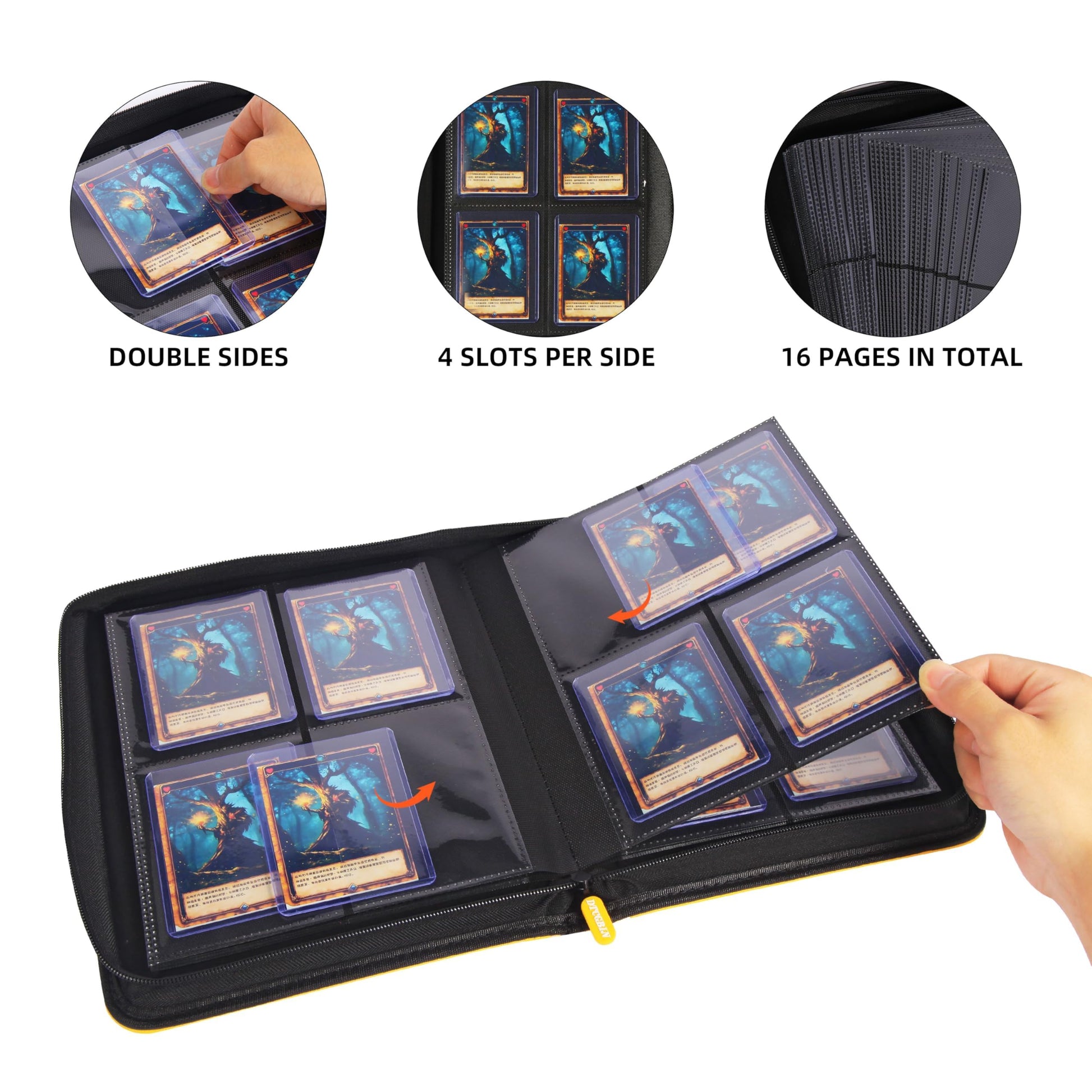 Toploader Binder, DTCGBIN 4-Pocket Top Loader Trading Card Binder Album Compatible for PKM TCG MTG,Holds 3"x4" 128 Rigid Cards (4-POCKET, Yellow Red)