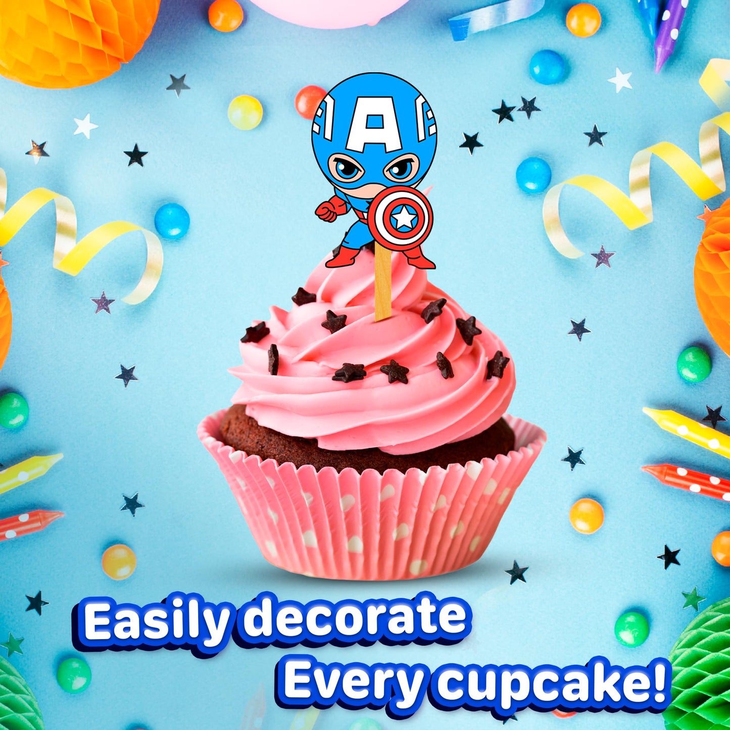 24x Hero Super kids Cupcake Toppers - Strong Picks Happy Birthday Décor, Cupcake Decorations for Kids Birthdays