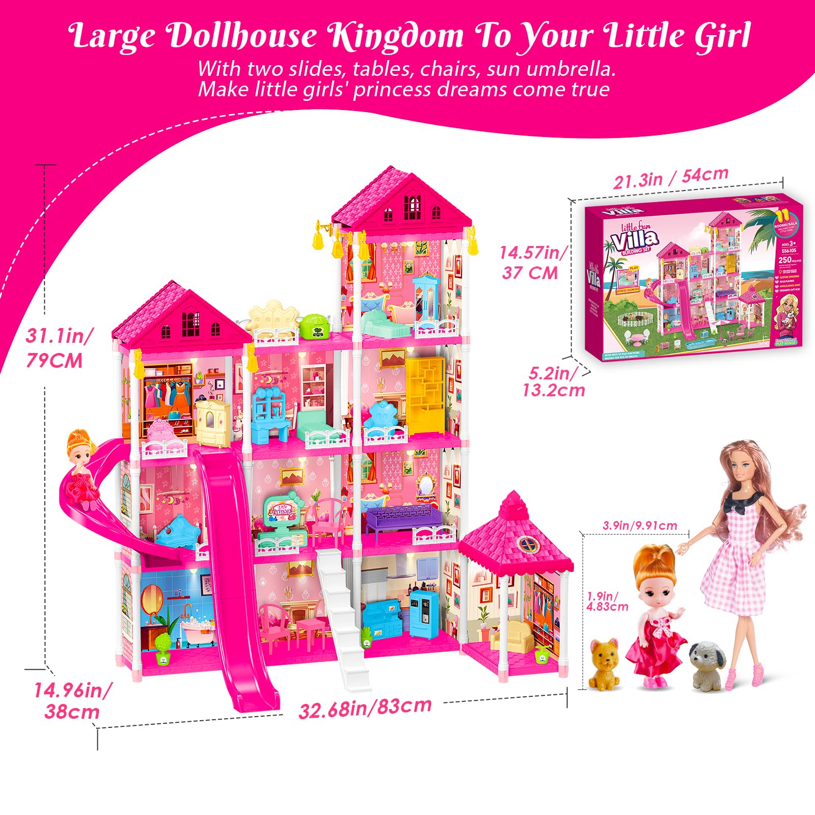 Rongmeiz 4-Story Doll House Large DIY Playhouse for Girls, Little Girl Dream House with Furniture, Animals Play Area & 2 Princesses Slide, Creative