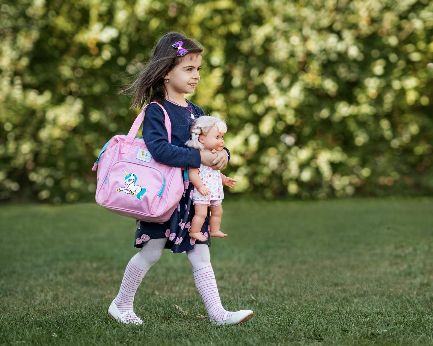 HappyVk- Pink Toy Baby Doll Diaper Bag with Changing Pad - Unicorn Embroidery - Realistic, Spacious & Comfortably Designed for Pretend Play Doll Care