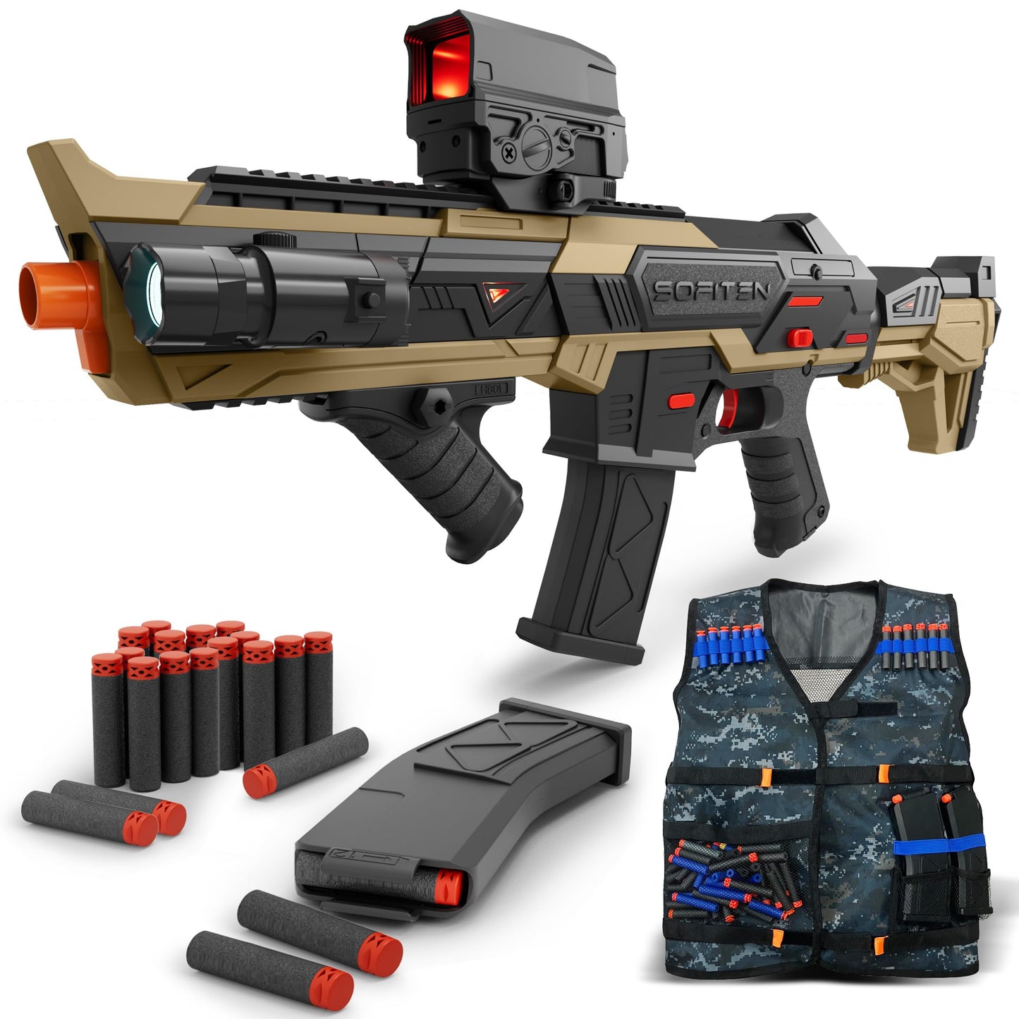 SOFITEN Electric Toy Gun Foam Dart Automatic Blaster Sniper Rifle with Tactical Vest, Adjustable Scope, Two Shooting Modes, Birthday Christmas