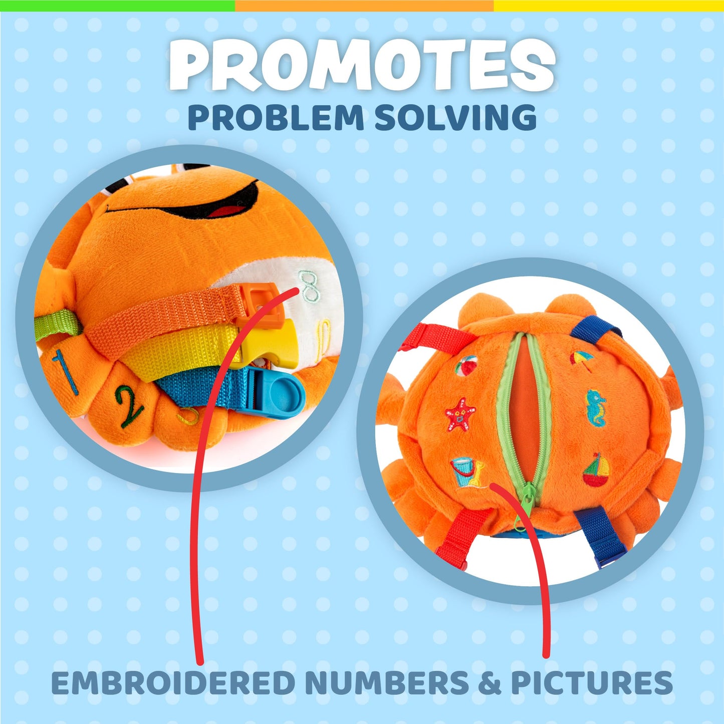Buckle Toys - Barney Crab Stuffed Animal - Montessori Learning Toy for Toddlers - Develop Motor Skills and Problem Solving - Great Car Trip Activities