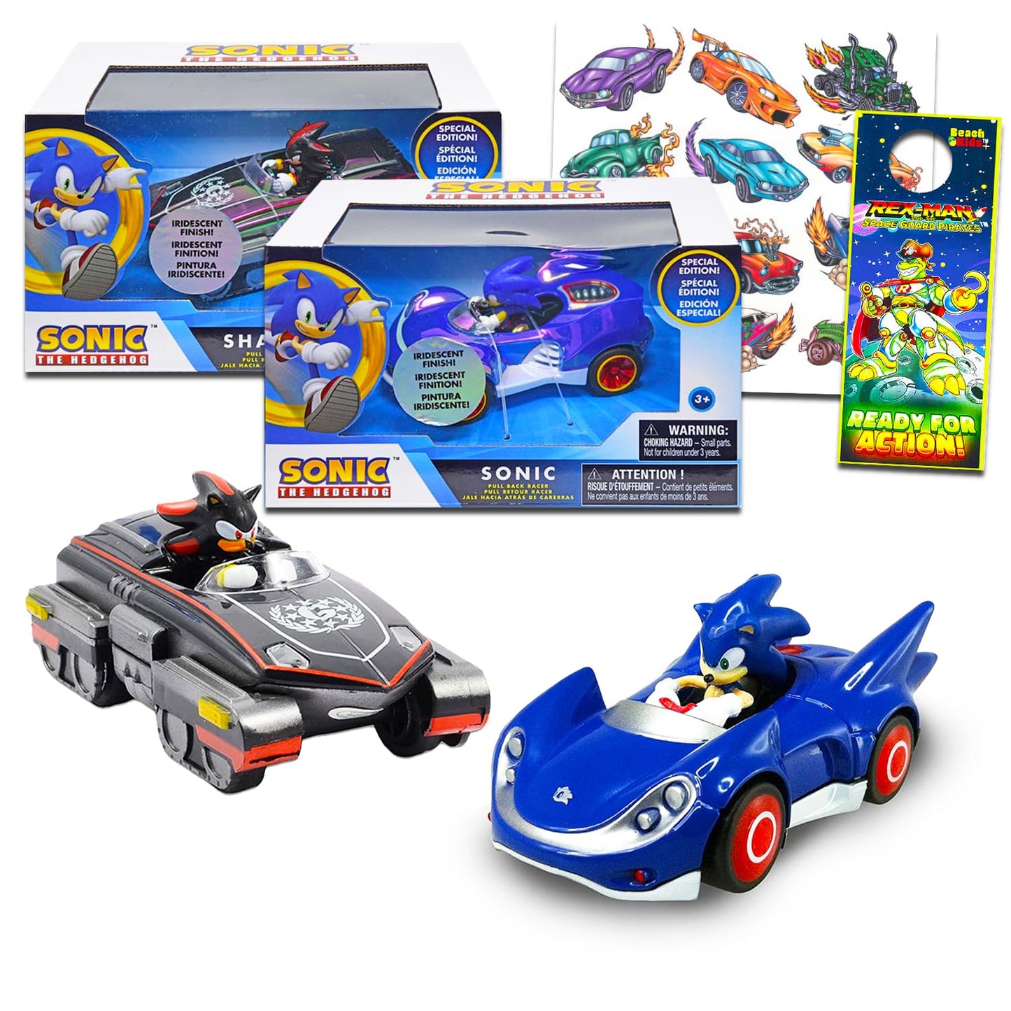 Sonic The Hedgehog Racing Toys Set - 2 Car Bundle with 6" Racing Pull Back Action Vehicles Featuring Shadow Plus Tattoos, More Racecar Toys